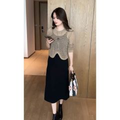 2024春季新款鏤空百搭圓領長袖短款外搭+黑色洋氣吊帶裙女冰爽絲