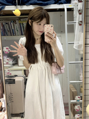 白色连衣裙2024新款夏季法式高级感抽绳显瘦收腰小个子初恋长裙子