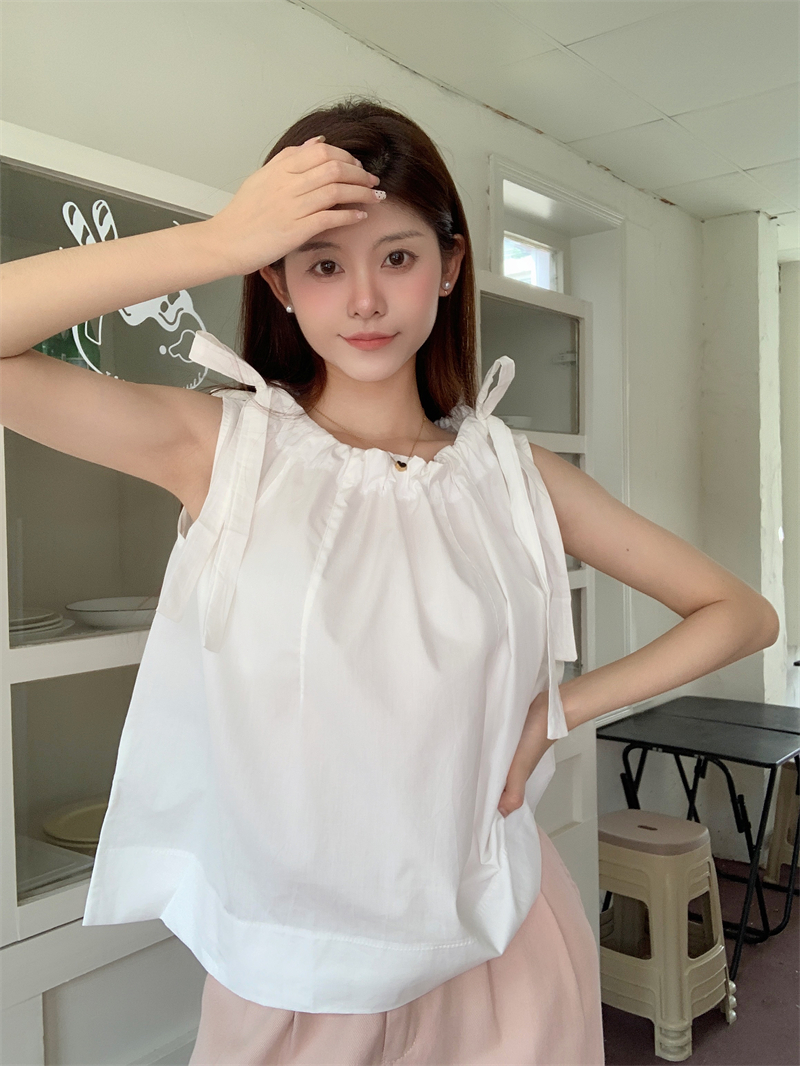 實拍 夏季新款韓系無袖綁帶坎肩背心褶皺顯瘦氣質小衫上衣女
