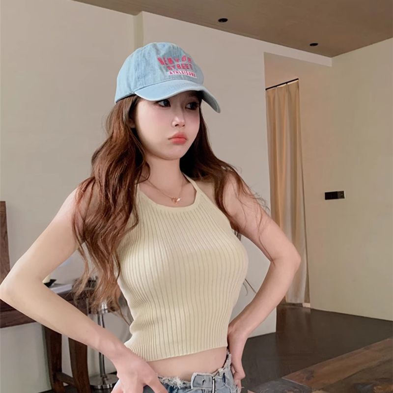 甜辣針織掛脖無袖吊帶女夏季外穿小眾修身顯瘦短款露臍上衣冰絲爽