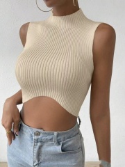 Summer new style European and American style half-high collar hem curved navel-baring vest