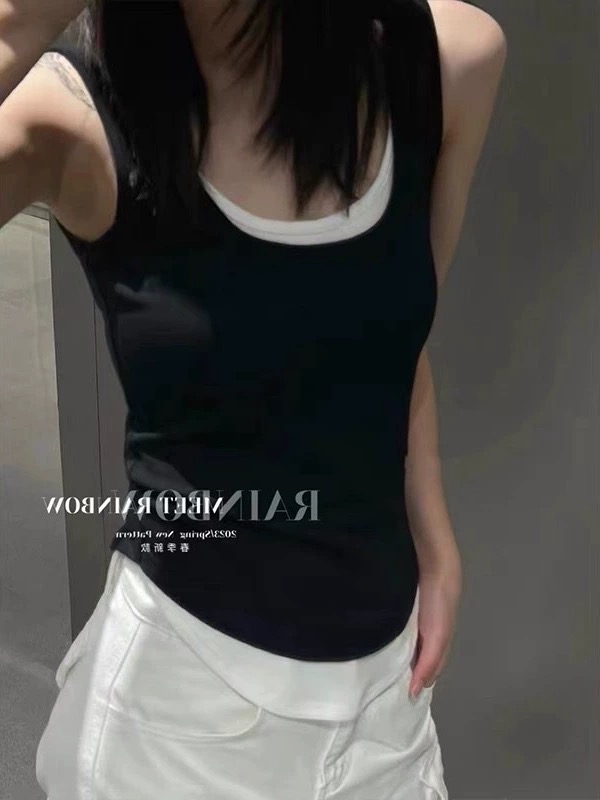 2024假兩件背心拼色鎖骨上衣女內搭修身顯瘦打底衫背心超修身簡約