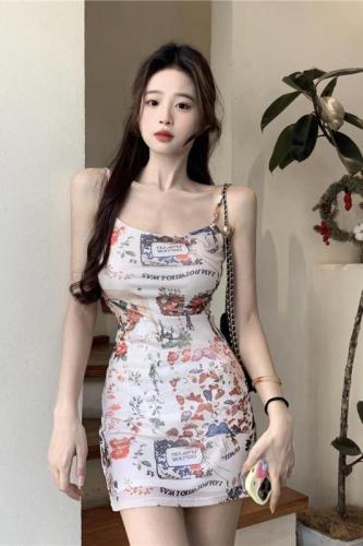 Real shot ~ hot girl sexy waist slimming floral retro camisole hip-covering dress short skirt