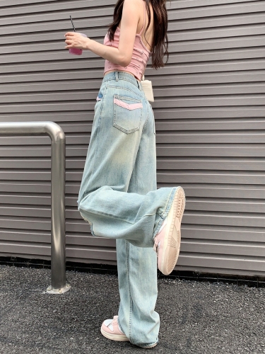 Actual shot#High-waisted wide-leg jeans for women, designer pink decorative loose straight ripped floor-length pants