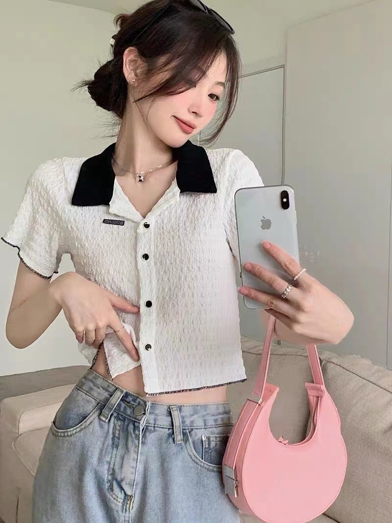 Summer new Korean fashion suit collar color matching versatile short-sleeved cardigan top for women