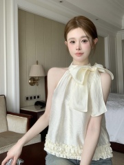 Summer new style bow halter neck shoulder vest feminine slimming flower sleeveless shirt real shot