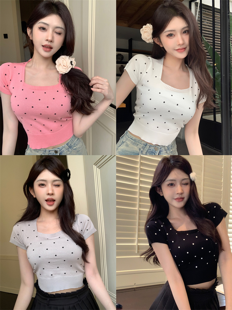 Actual shot of square-neck polka-dot short-sleeved sweater, new style summer style bottoming shirt with short top inside