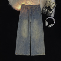 實拍大碼女裝水洗復古直筒牛仔褲女夏季薄款美式高腰顯瘦休閒褲子