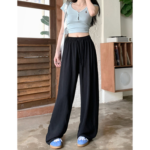 Real shot!  2024 new style loose slimming wide leg pants elastic waist drawstring straight solid color casual pants for women