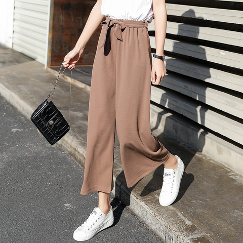 Wide-leg pants for women, new spring and summer Korean version, versatile loose chiffon casual straight-leg lace-up nine-point high-waisted women's trendy pants
