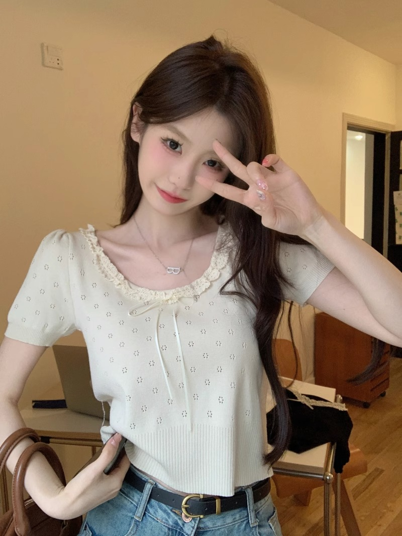 Tmall high-waist lace short-sleeved hollow bow T-shirt sweet slim bottoming shirt short top