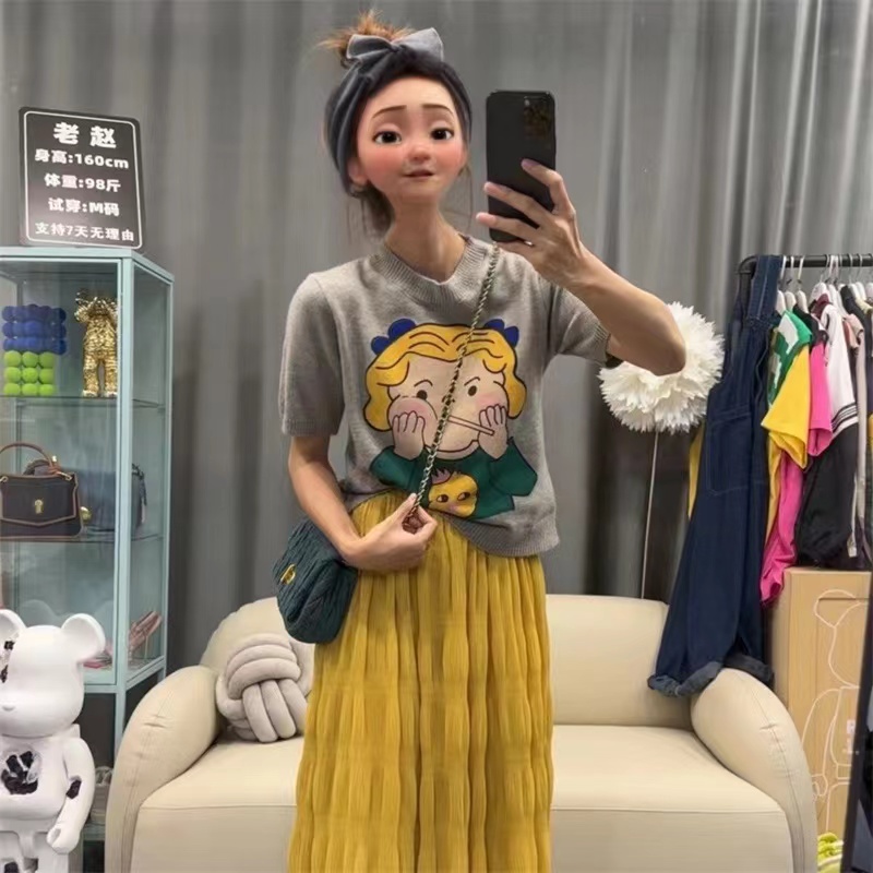 Cartoon printed knitted short-sleeved T-shirt for women summer 2024 new loose slimming short half turtleneck bottoming top