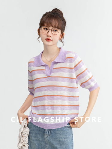紫色polo领条纹短袖冰丝针织衫女2024夏季新款宽松百搭t恤上衣潮