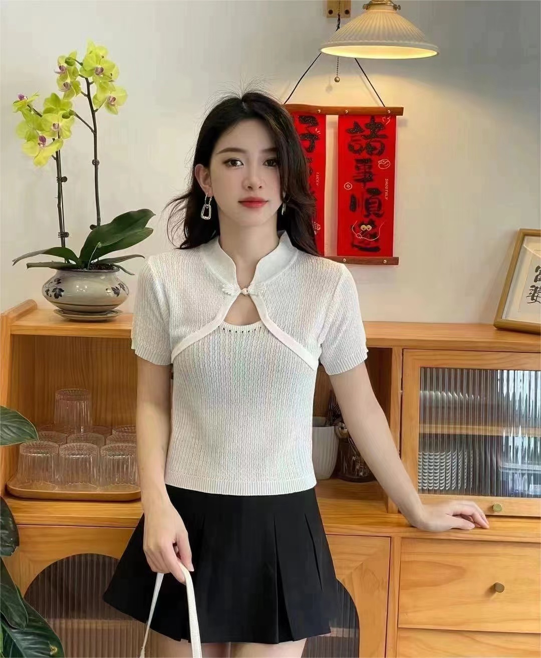 National style button-down right shoulder short-sleeved t-shirt for women summer 2024 summer new style slimming women's knitted top