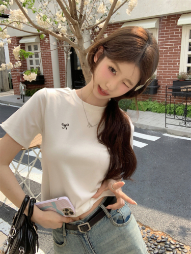 Real shot Summer Korean style round neck bow embroidered right shoulder slim design pure cotton short-sleeved T-shirt top