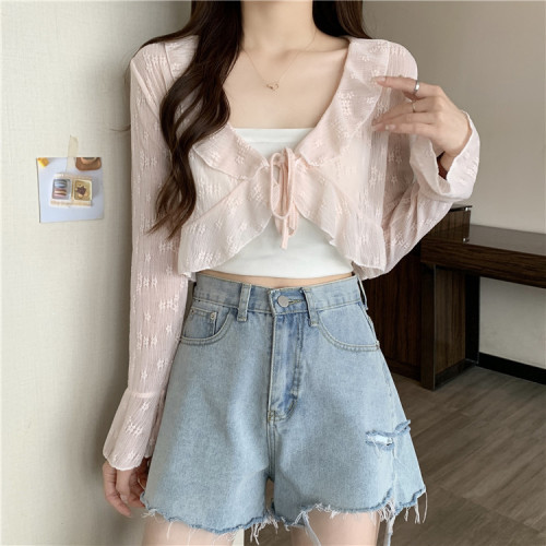 Actual shot and real price new style ruffled lace sunscreen cardigan for women with suspender skirt fairy small shawl thin coat