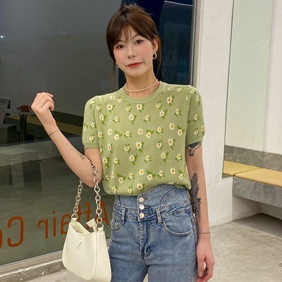 Ice silk sweater T-shirt women's short-sleeved spring wear 2024 new thin spring and autumn bottoming shirt summer short-sleeved top