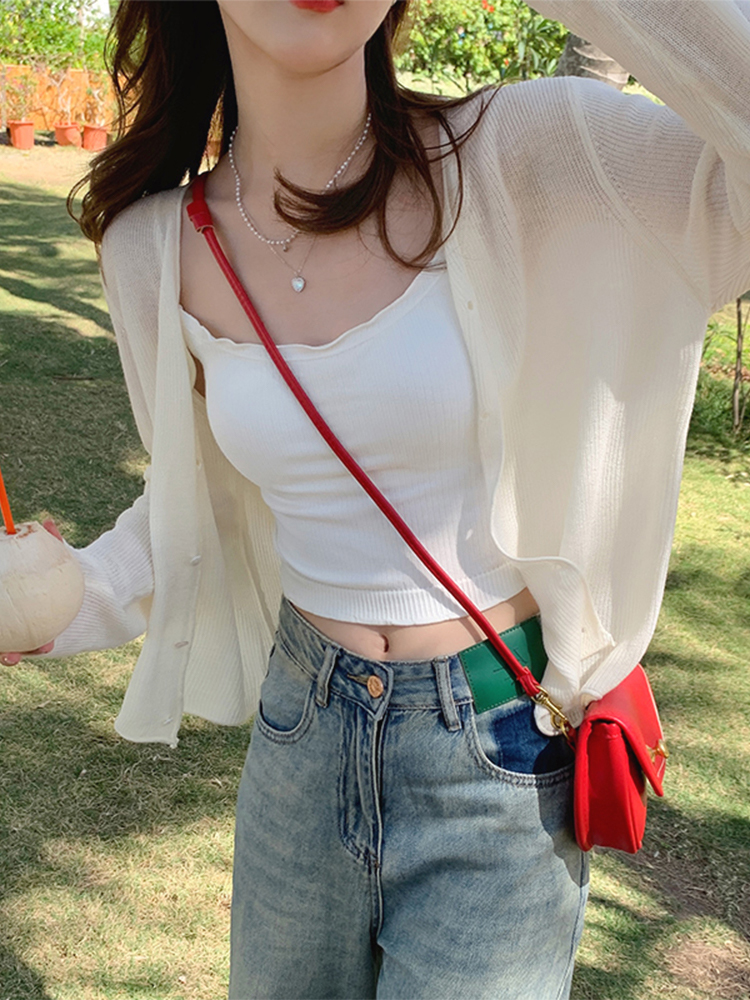 防曬開衫薄款女配吊帶裙子外搭罩衫夏披肩法式小坎肩冰絲薄紗外套