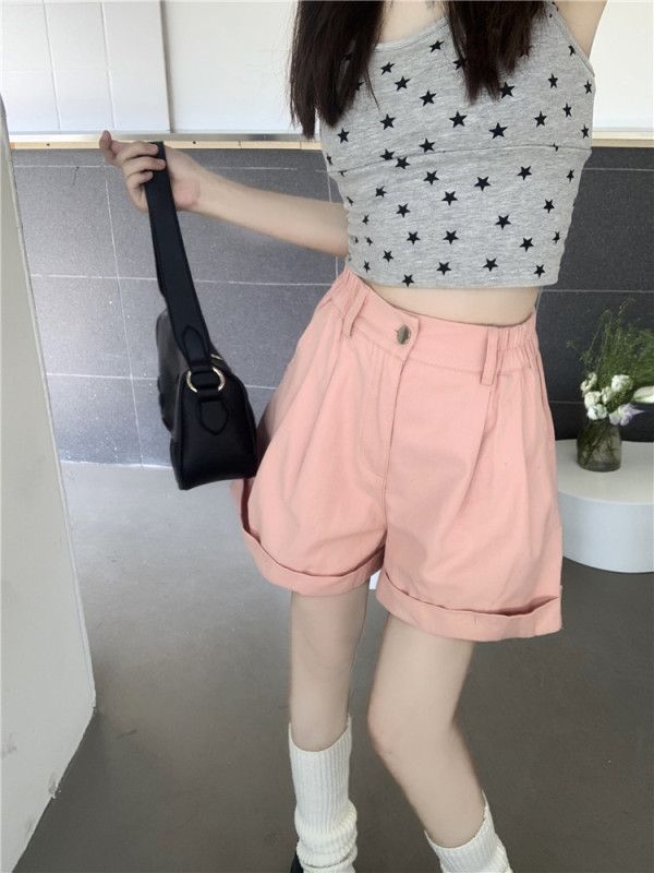Actual photos and real prices. New style simple high-waisted solid color shorts, loose curled edges, fresh women's fashion pants, A-line slimming