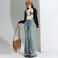 Actual shoot 2024 Spring fringe hem micro bell-bottom denim jeans women's patchwork washed slim fit horsehoe pants