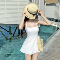 韓版ins冷淡風裙式保守遮肚露背沙灘溫泉度假連體泳衣女顯瘦