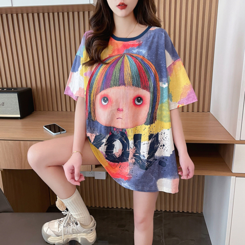 Actual shot of pure cotton 200 grams, back collar, mid-length tie-dyed round neck short-sleeved T-shirt for women, designer summer top