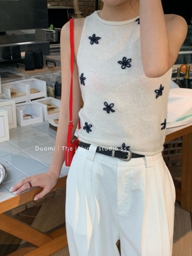 DUO MI2024夏季新款甜美软糯手工提花针织背心女复古时髦修身上衣