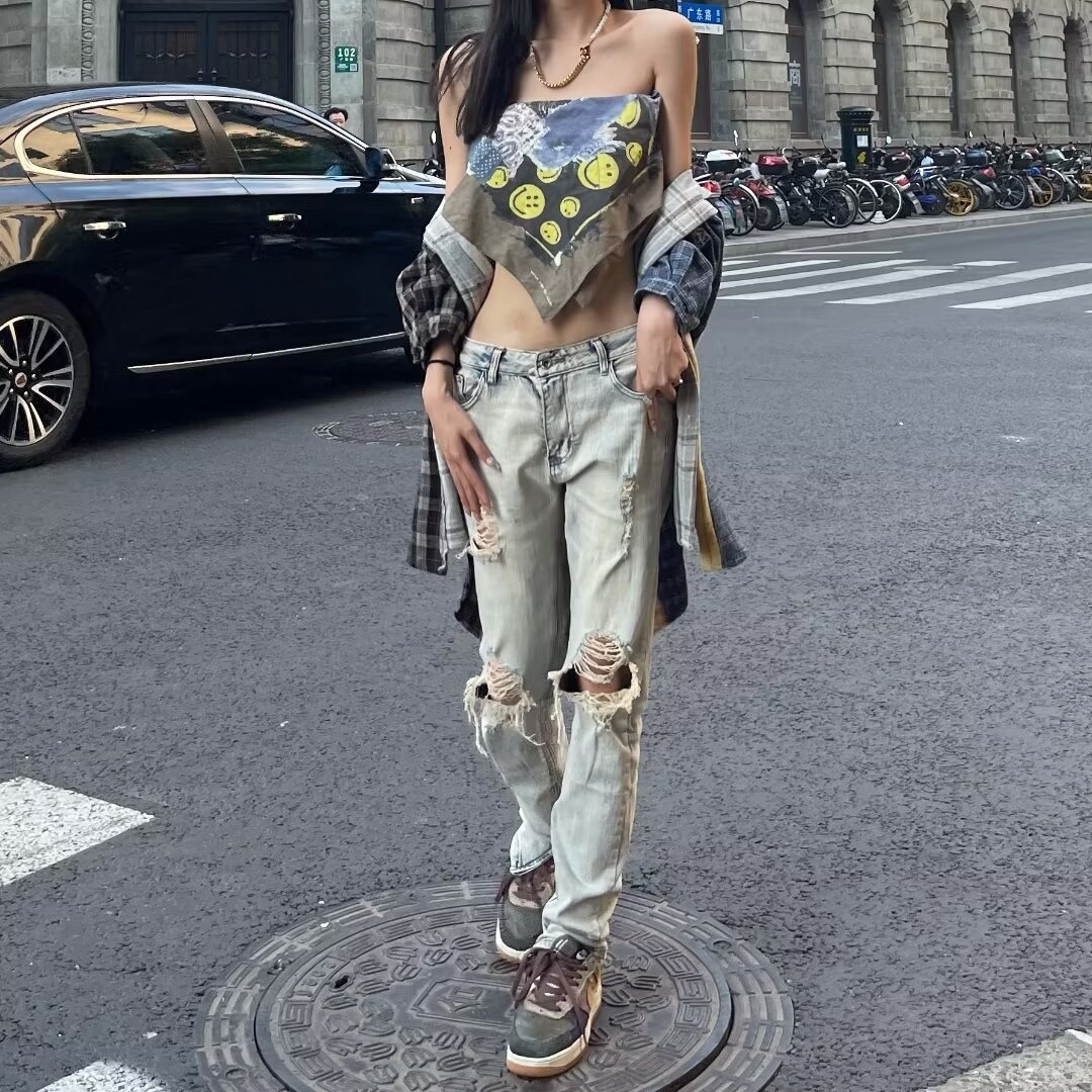 春秋新款破洞牛仔褲黃泥染直筒寬鬆高街歐美夏季褲子潮美式修身