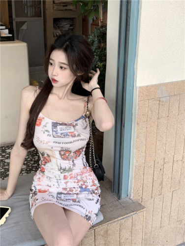Real shot ~ hot girl sexy waist slimming floral retro camisole hip-covering dress short skirt