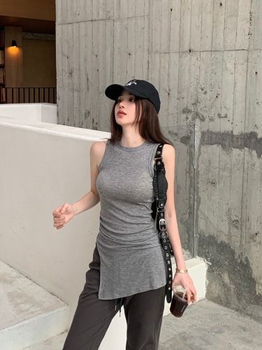 Real shot Side slit pleated knitted vest spring and summer inner wear outer top