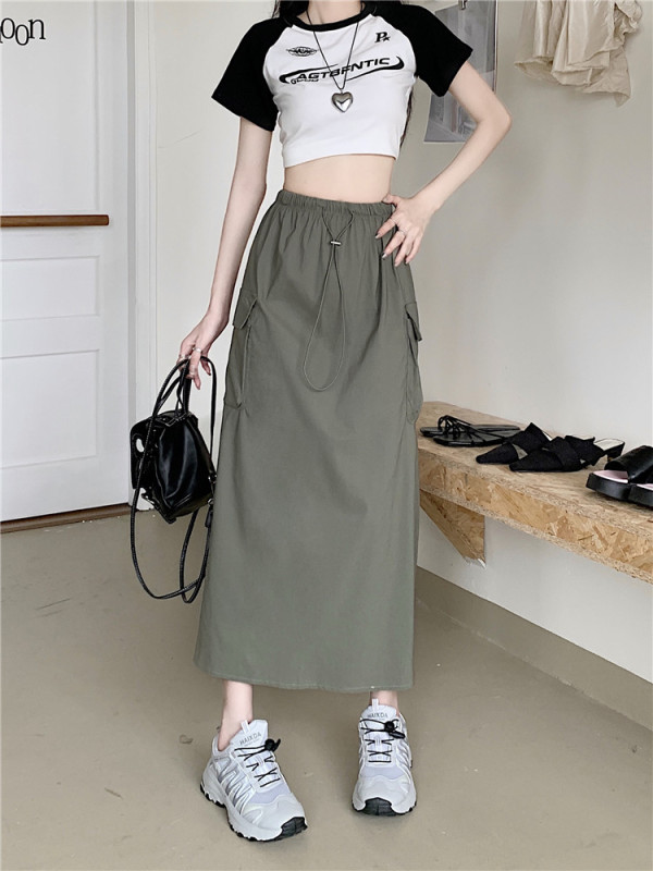 Real shot and real price high-waist work skirt skirt for women summer new design niche drawstring long skirt a-line skirt