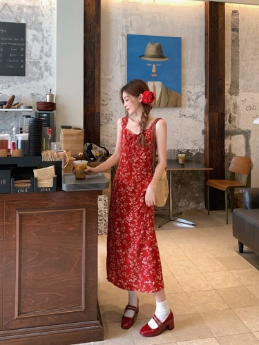 Real shot French retro slim red floral suspender dress for women