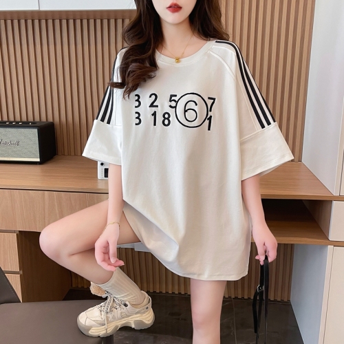 Actual shot of pure cotton 200 grams, back collar, mid-length embroidered round neck short-sleeved T-shirt for women, summer loose top