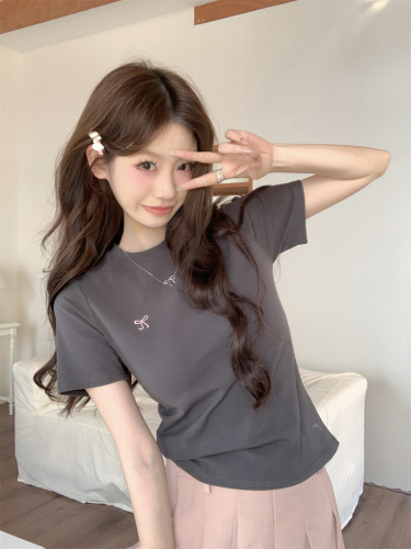 Real shot Summer Korean style round neck bow embroidered right shoulder slim design pure cotton short-sleeved T-shirt top