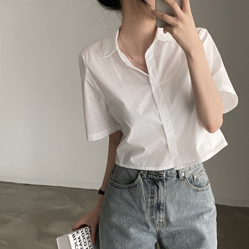 Pure cotton size update Korean ins high waist back slit short sleeve shirt