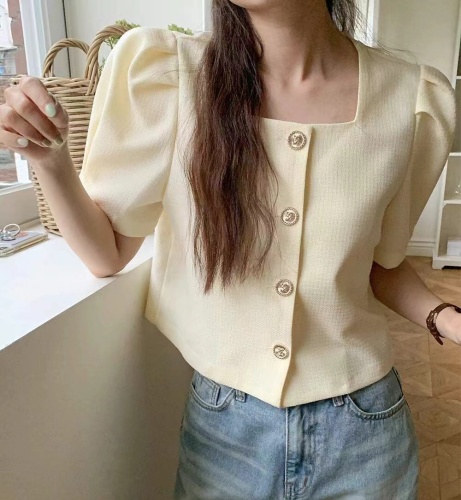 韩国chic 小香风方领单排扣短袖衬衫上衣女