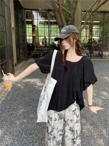 Real shot!  Korean style puff sleeves, lazy, loose and slim round neck shirt, ink floral loose high-waisted wide-leg pants