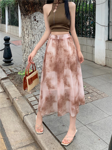 Actual shot, real price, new Chinese style ink painting skirt, high waist, versatile and cool chiffon long skirt, A-line umbrella skirt