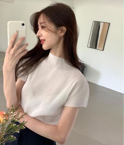 Size update Korean ins summer retro pleated short-sleeved women's pleated top T-shirt
