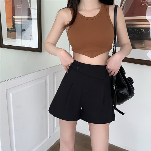 Real shot real price suit casual design shorts for women summer Korean style high waist slim black straight A-line wide legs