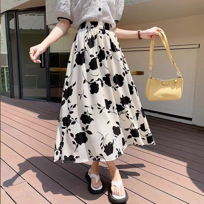 Summer new high-waisted printed cover-up slimming mid-length A-line skirt with large hem for women