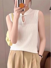 Be careful with bottoming vest T-shirt for women 2024 new summer thin stand-up collar versatile sleeveless knitted top