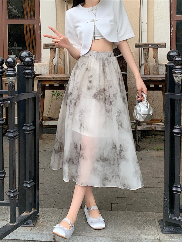Actual shot, real price, new Chinese style ink painting skirt, high waist, versatile and cool chiffon long skirt, A-line umbrella skirt