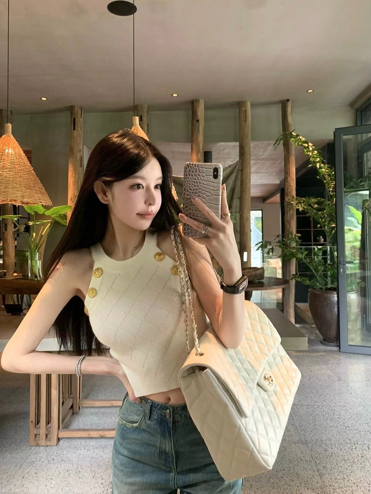 Good Morning Fanfan Three-dimensional rhombus pattern gold buckle knitted vest for women spring slimming and flesh-covering halterneck short top