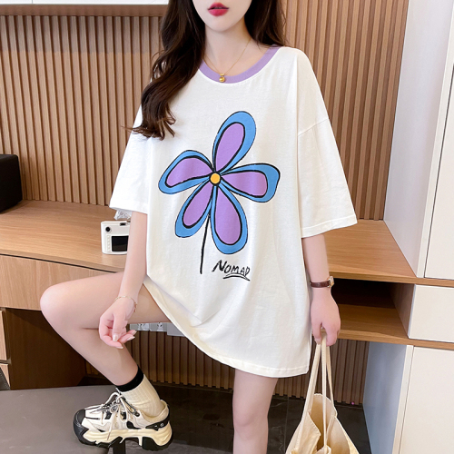 Actual shot of pure cotton 200g back collar mid-length contrasting color round neck short-sleeved T-shirt women's loose large size summer top