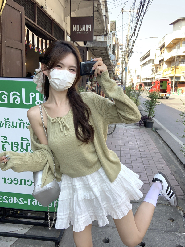 實拍 夏季韓版純欲兩件套吊帶開衫6羊毛薄款防曬針織長袖上衣