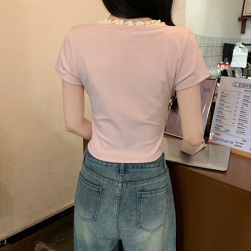 实拍1*1螺纹210克短袖t恤女夏系带修身短款网纱圆领上衣韩版女装