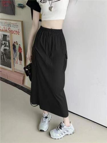 Real shot and real price high-waist work skirt skirt for women summer new design niche drawstring long skirt a-line skirt