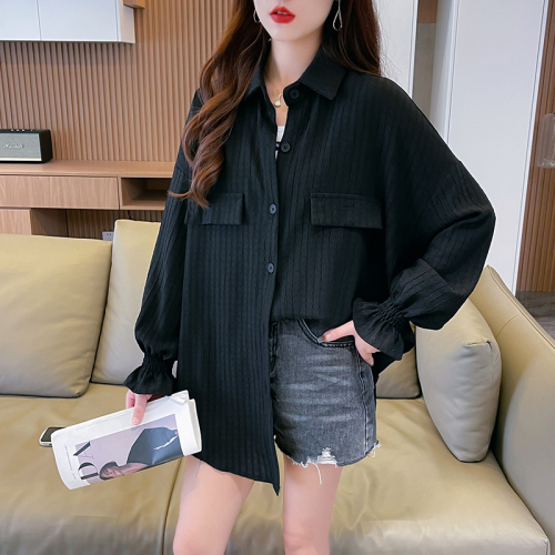 Real shot of summer loose POLO collar versatile thin solid color cardigan sun protection jacket long-sleeved mid-length shirt for women