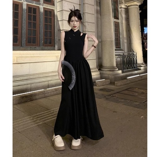 New Chinese style black suspender dress for women Xia Heben style high-end waist sleeveless vest long skirt